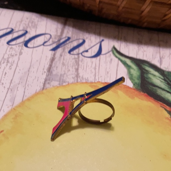 Gold tone adjustable ring with blue and pink enamel Eiffel Tower ring - Picture 2 of 4